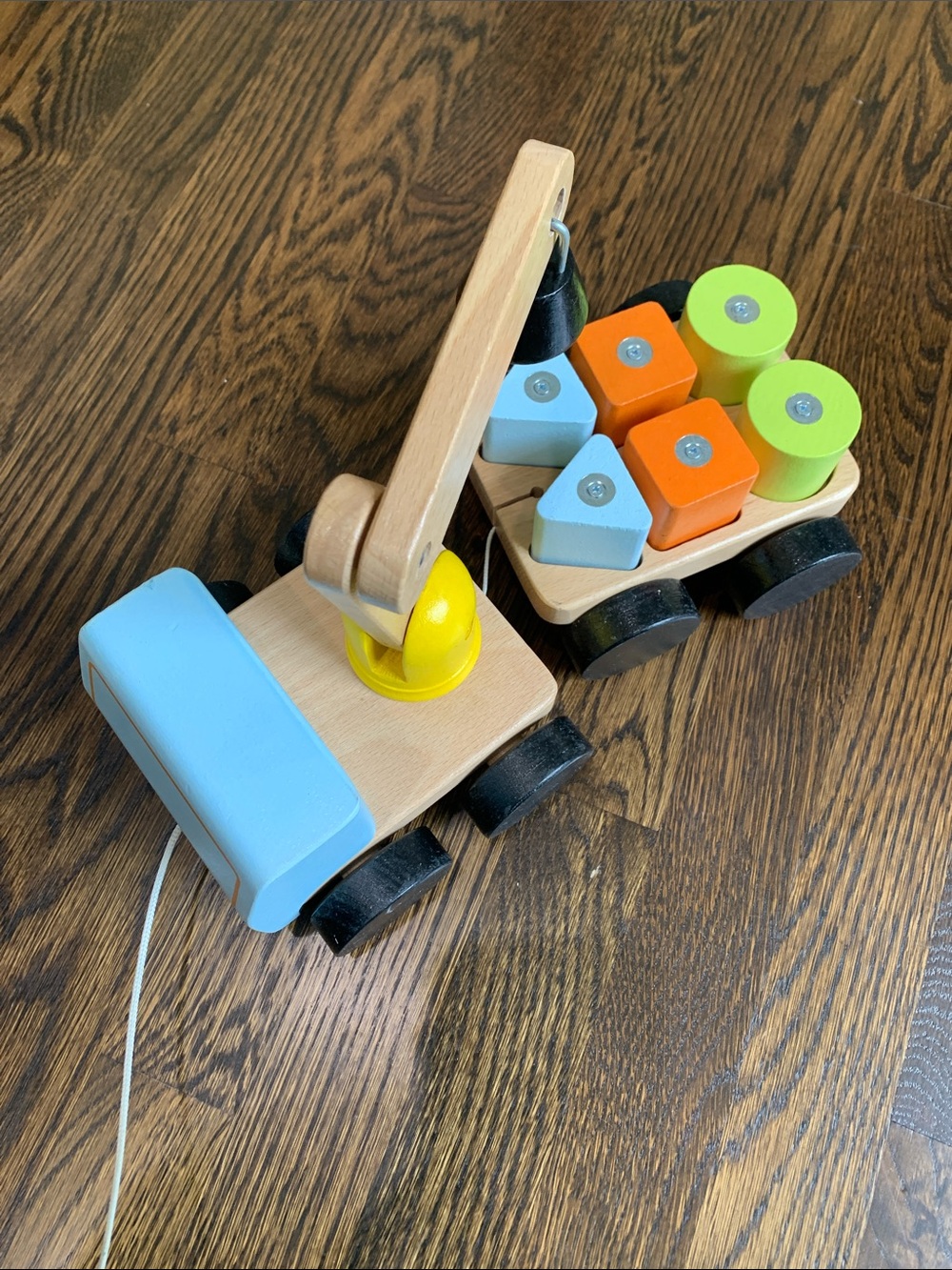 Wooden Crane Pull Toy with Blue, Yellow, Orange & Green Shape Blocks